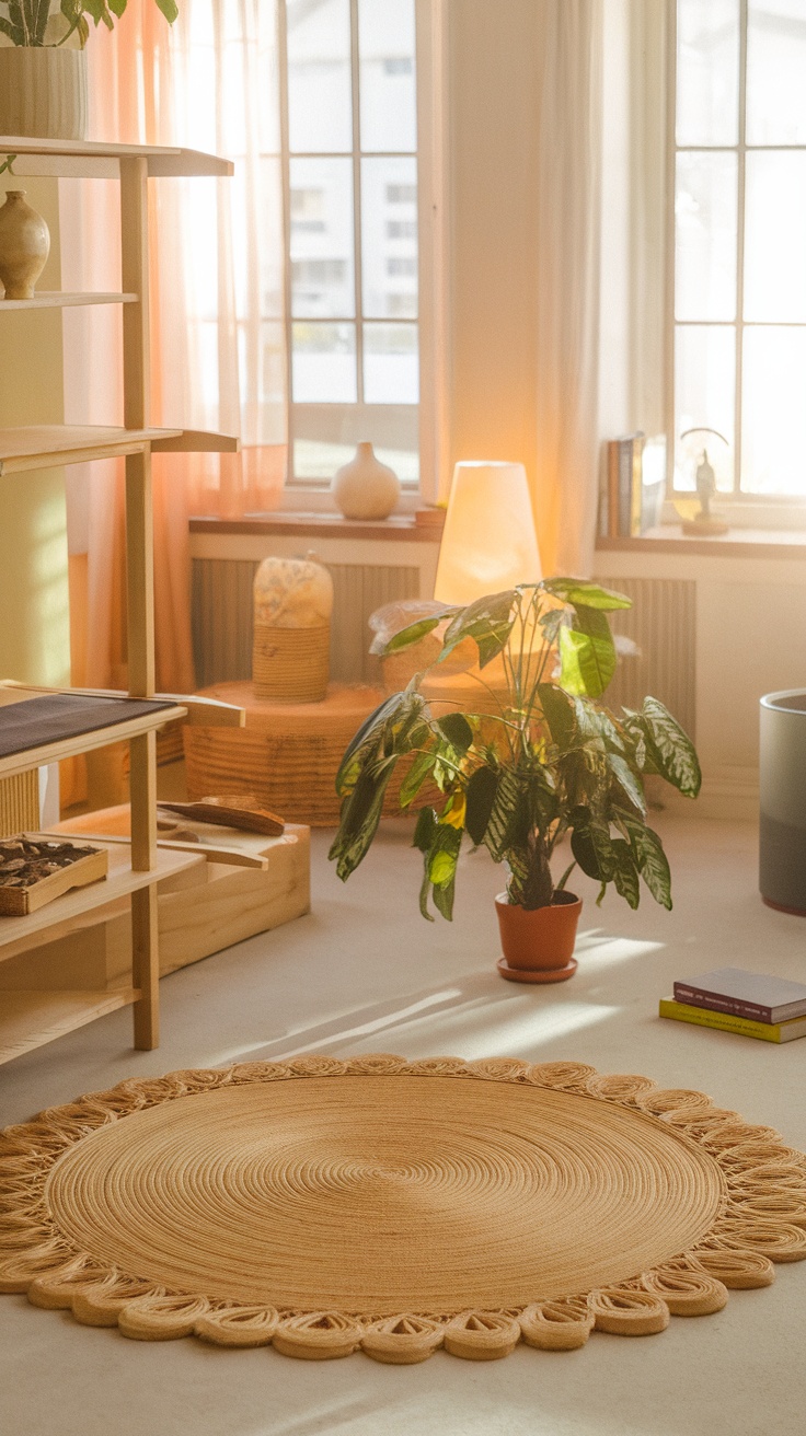 A cozy room featuring a bamboo rug and an indoor plant, with warm light filtering through the curtains.