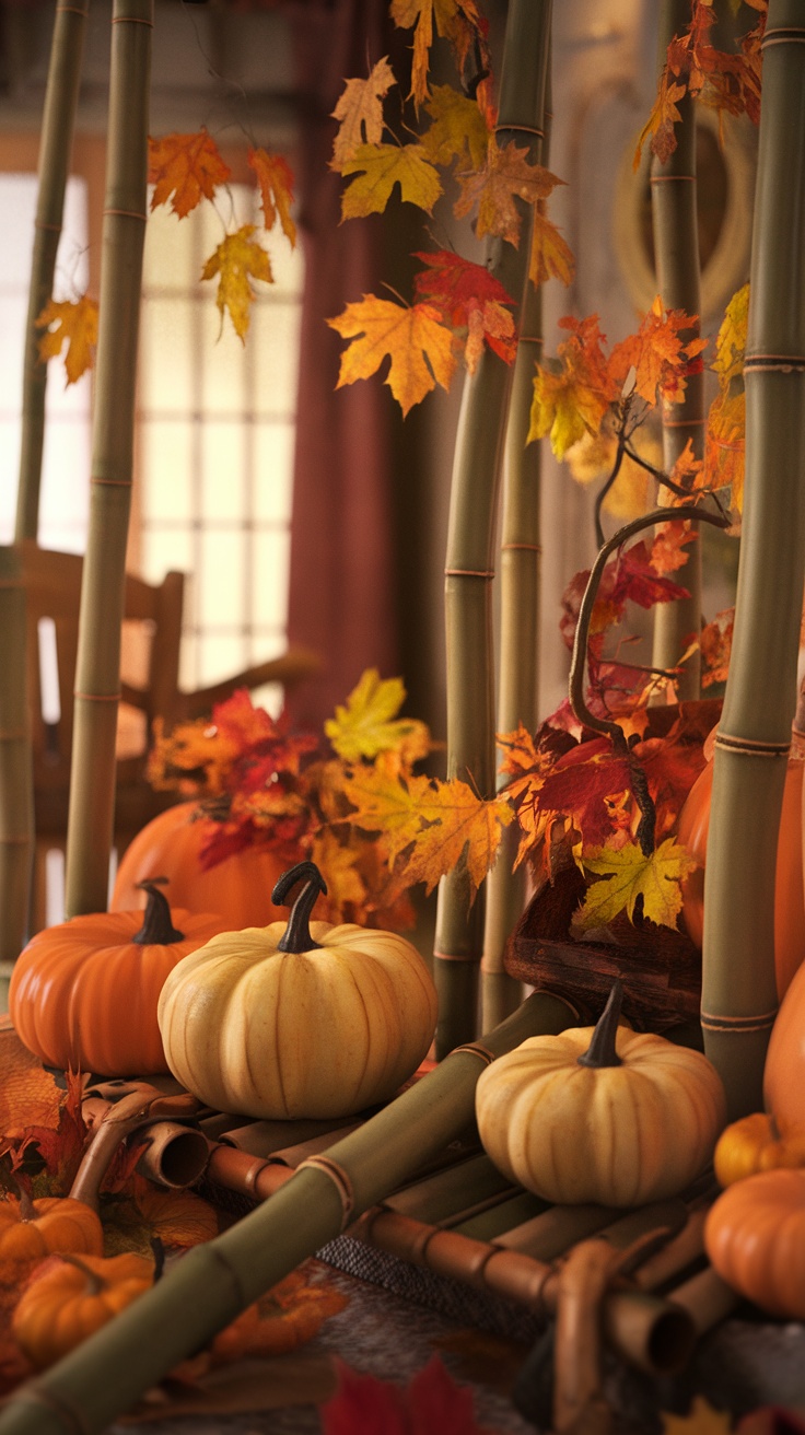 Autumn decoration featuring bamboo, pumpkins, and colorful leaves