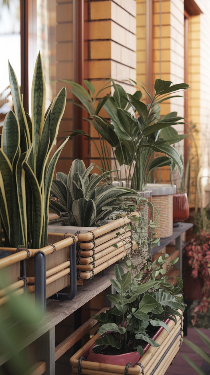 Bamboo planters filled with various indoor plants on a wooden shelf.