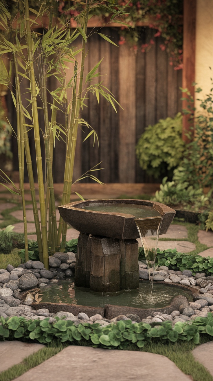 Bamboo fountain surrounded by greenery and stones
