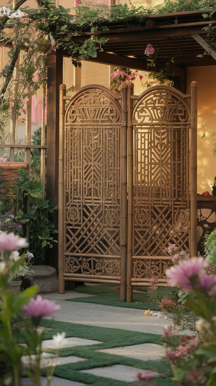 Bamboo privacy screen in an outdoor garden setting