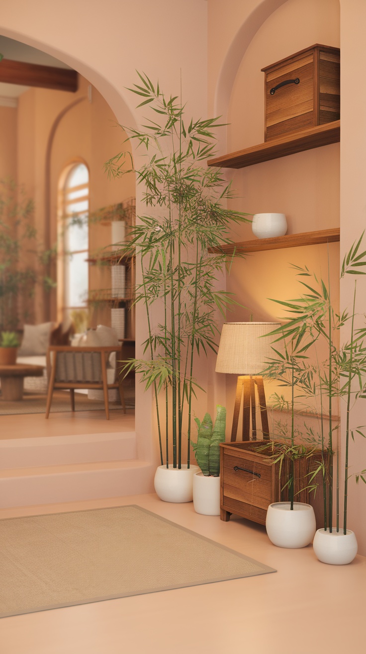 Indoor bamboo plants in a modern living room setting