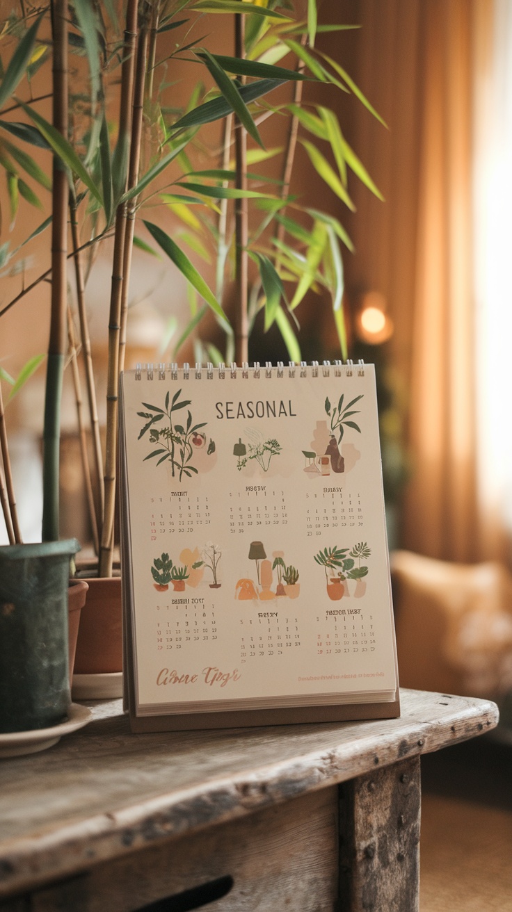 A potted bamboo plant next to a seasonal care calendar on a wooden table.