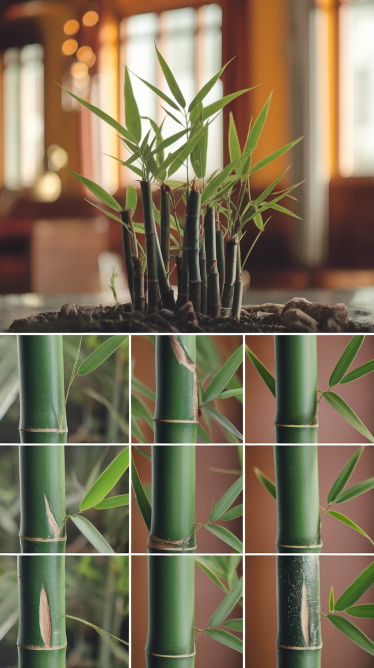 Bamboo plants indoors with healthy stalks and leaves.