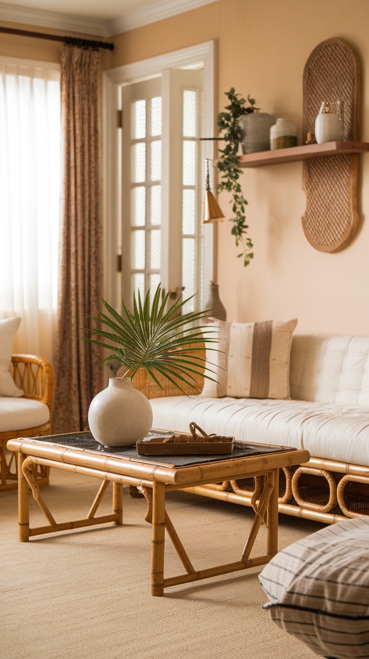 A cozy living room featuring bamboo decor and a plant.