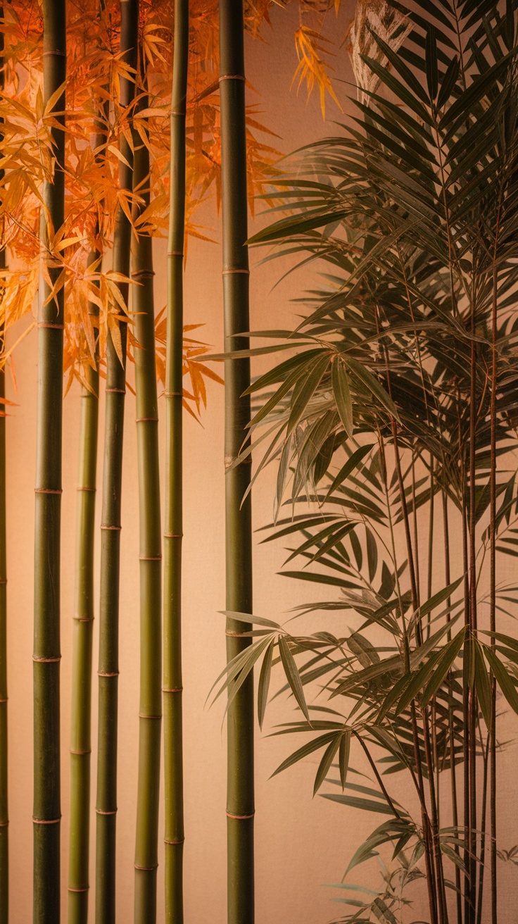 Indoor bamboo plants with green and orange leaves.