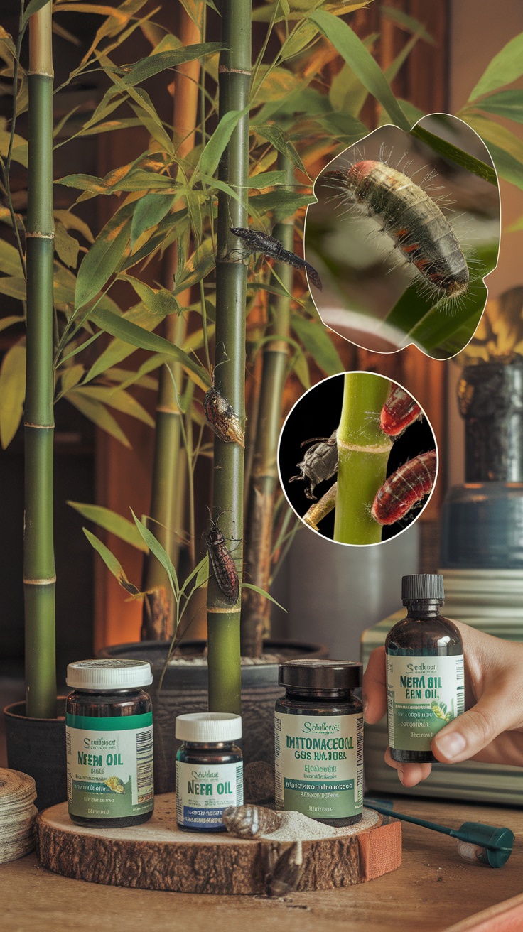 Bamboo plants indoors with pest control products like neem oil.