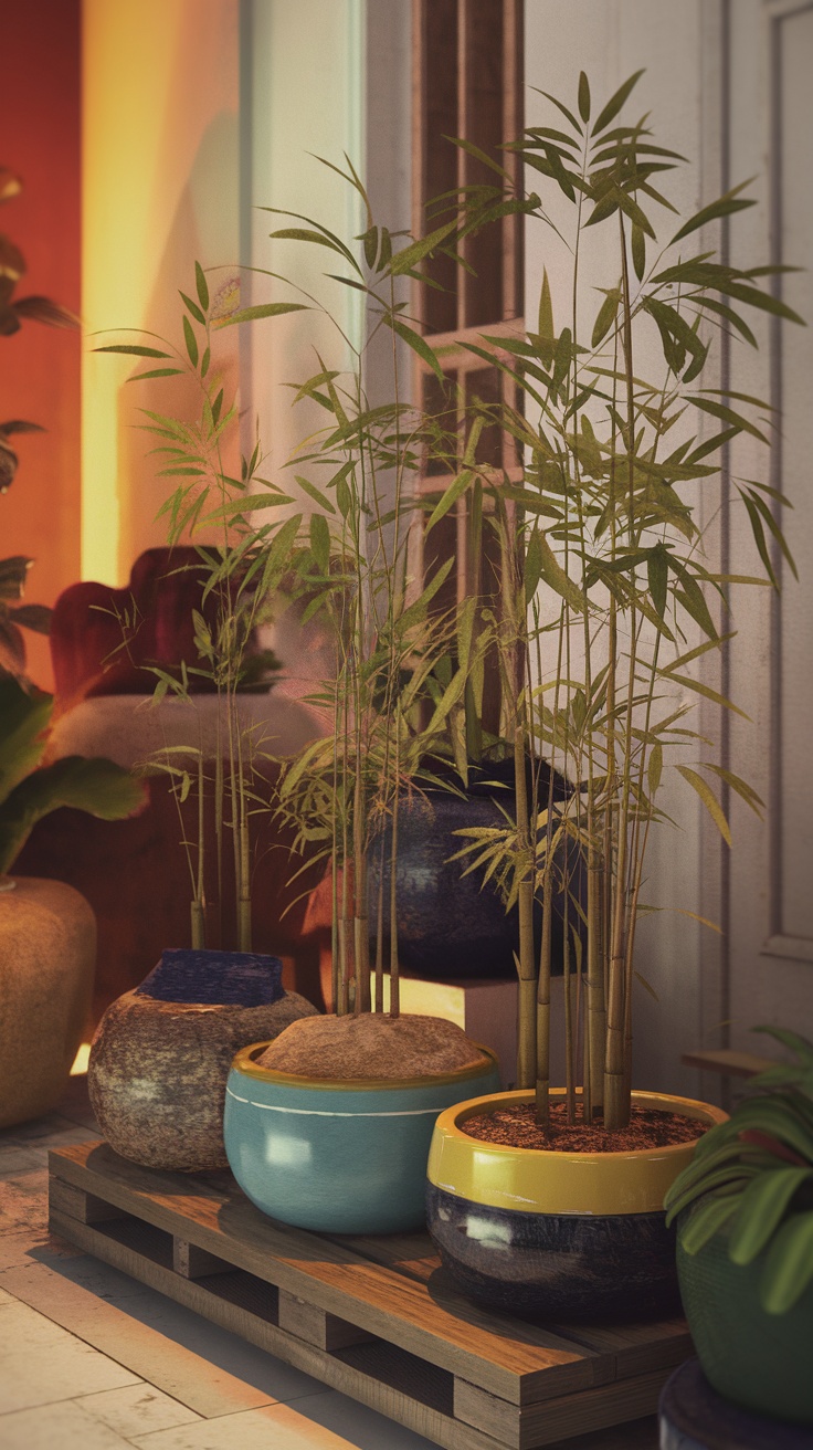 Bamboo plants in colorful pots arranged on a wooden platform.