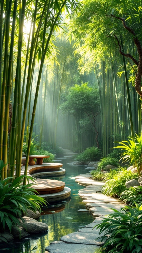 A serene bamboo garden with a winding path and lush greenery.