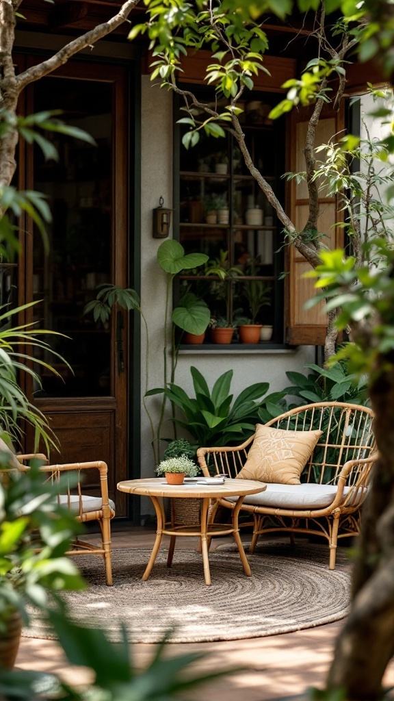 Bamboo furniture set in a backyard with plants.