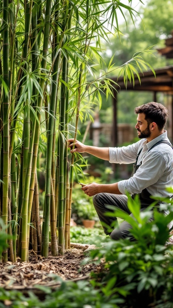 A man carefully tending to bamboo plants in a garden.