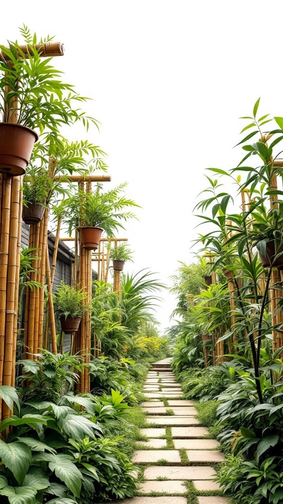 A beautiful bamboo path lined with greenery and plants, showcasing a tropical garden vibe.
