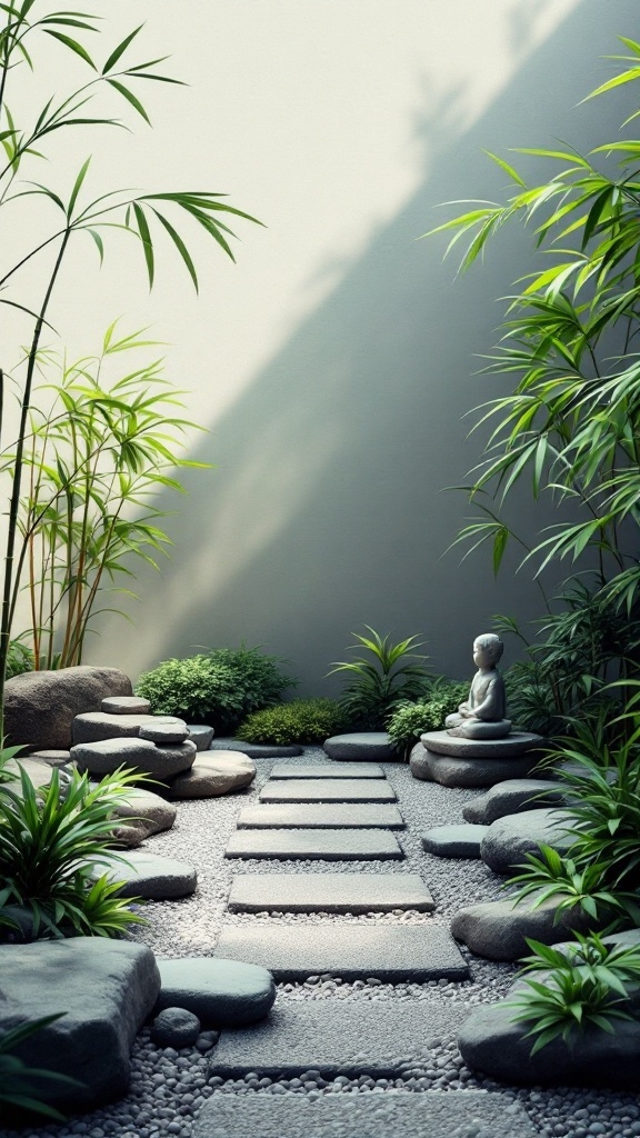 A serene bamboo zen garden with stones and greenery.