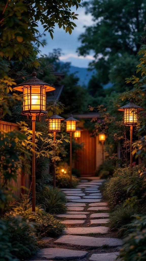 Pathway lit with bamboo lanterns in a serene backyard