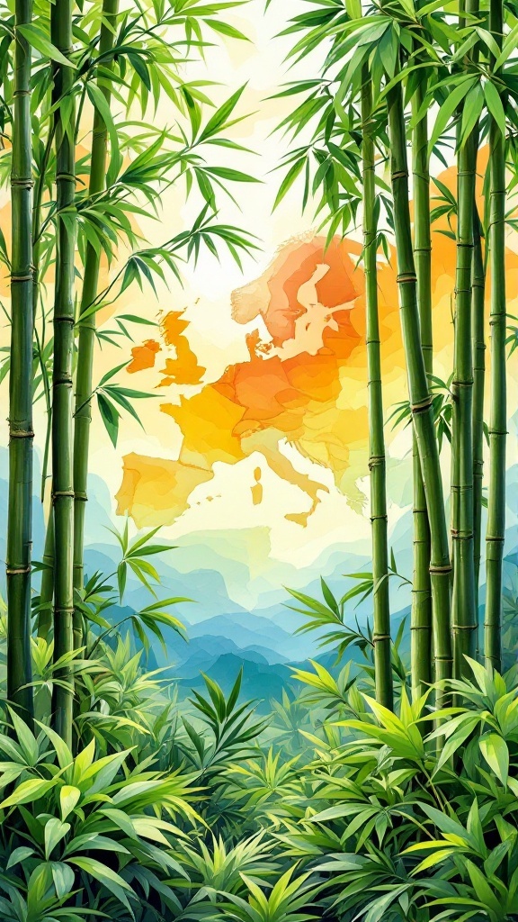 A vibrant bamboo forest with a soft background featuring a map of Europe.