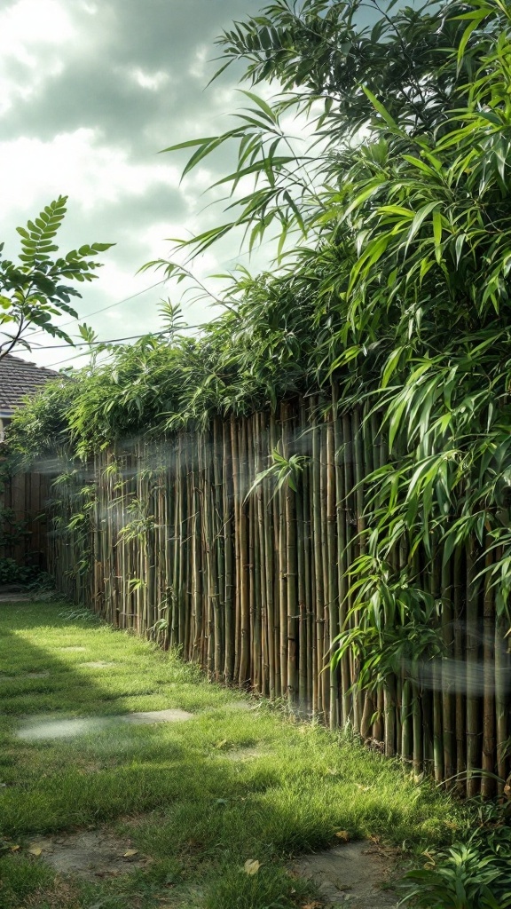A bamboo windbreak in a backyard, showcasing lush green bamboo plants.