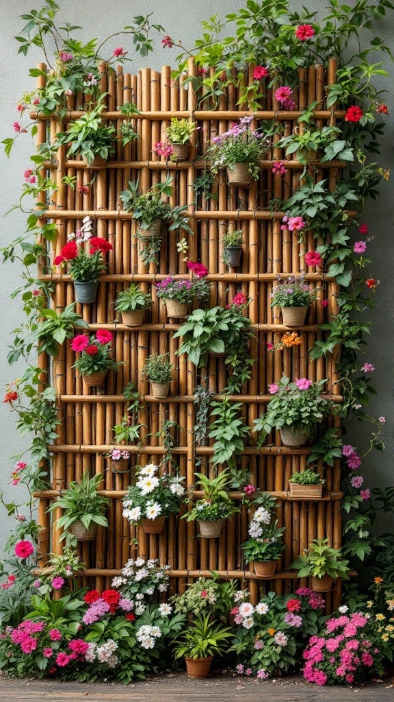 A vertical garden made with bamboo frames, filled with colorful pots and flowers.