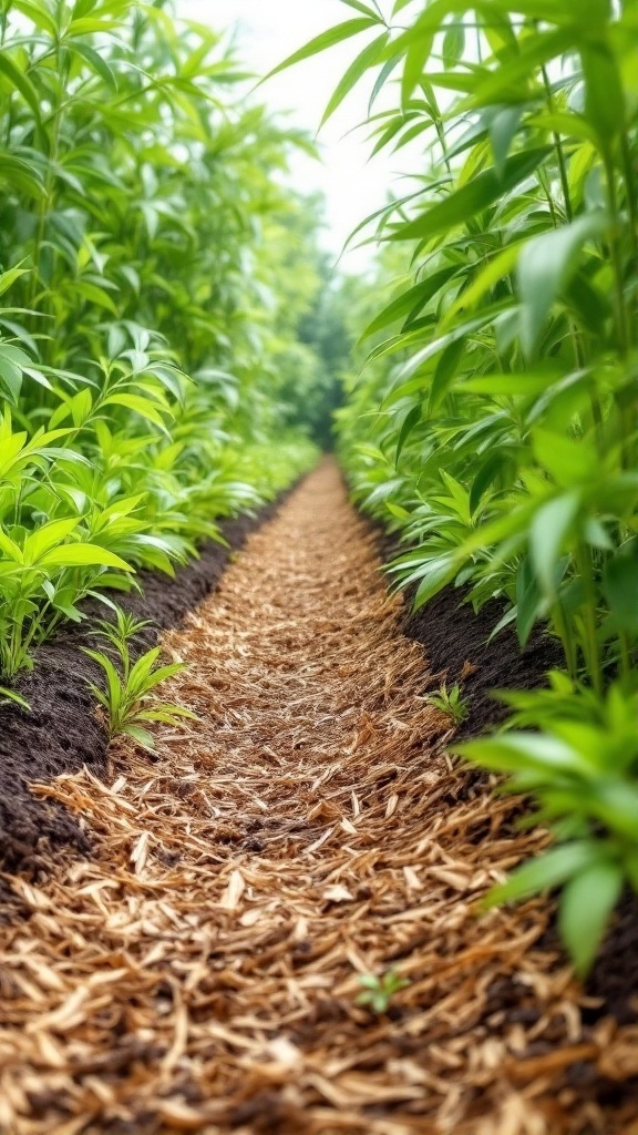 A path lined with bamboo plants and bamboo mulch in a backyard setting.