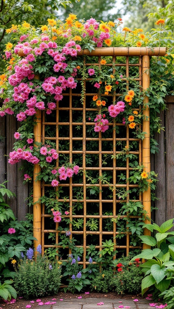 A bamboo trellis covered with colorful flowers in a backyard garden.
