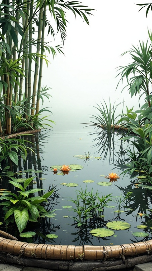 A serene bamboo garden with a tranquil pond and vibrant lily pads.