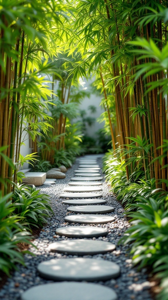 Pathway lined with bamboo plants and stepping stones