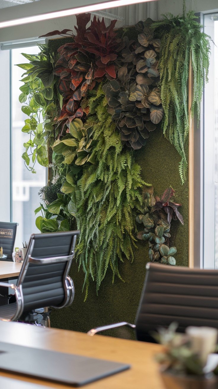 A vibrant faux green wall featuring various plants in an office setting.