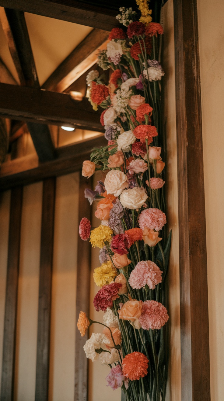 A vertical floral display featuring various colorful flowers against a wooden wall.