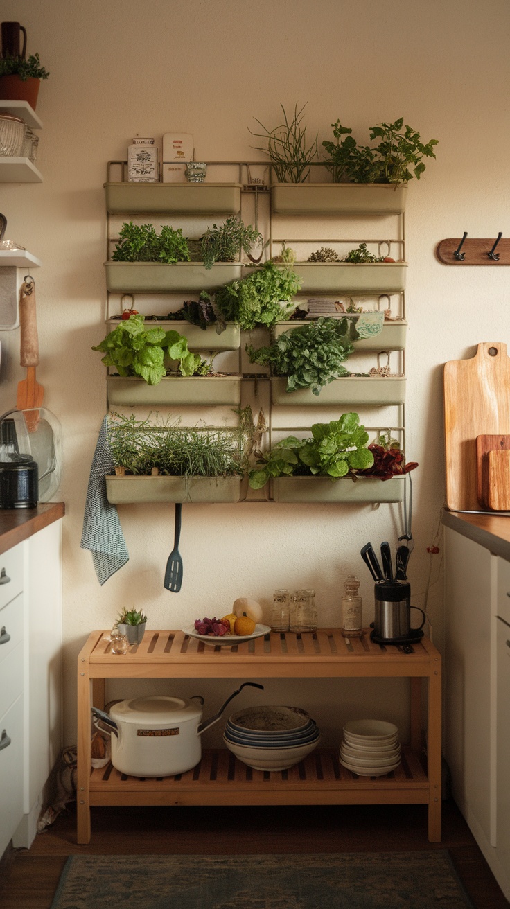 A vertical herb garden with various herbs growing on shelves in a kitchen.