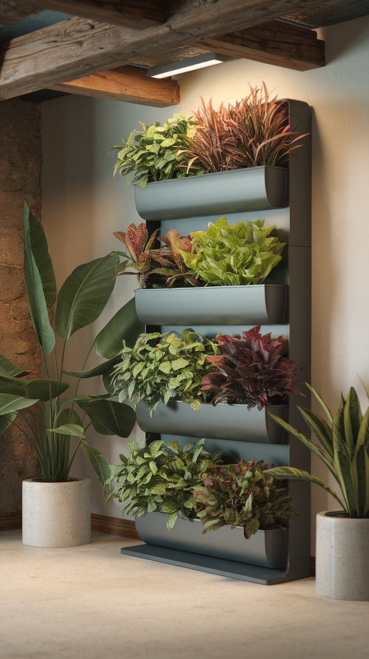 A modern modular vertical garden system with various plants