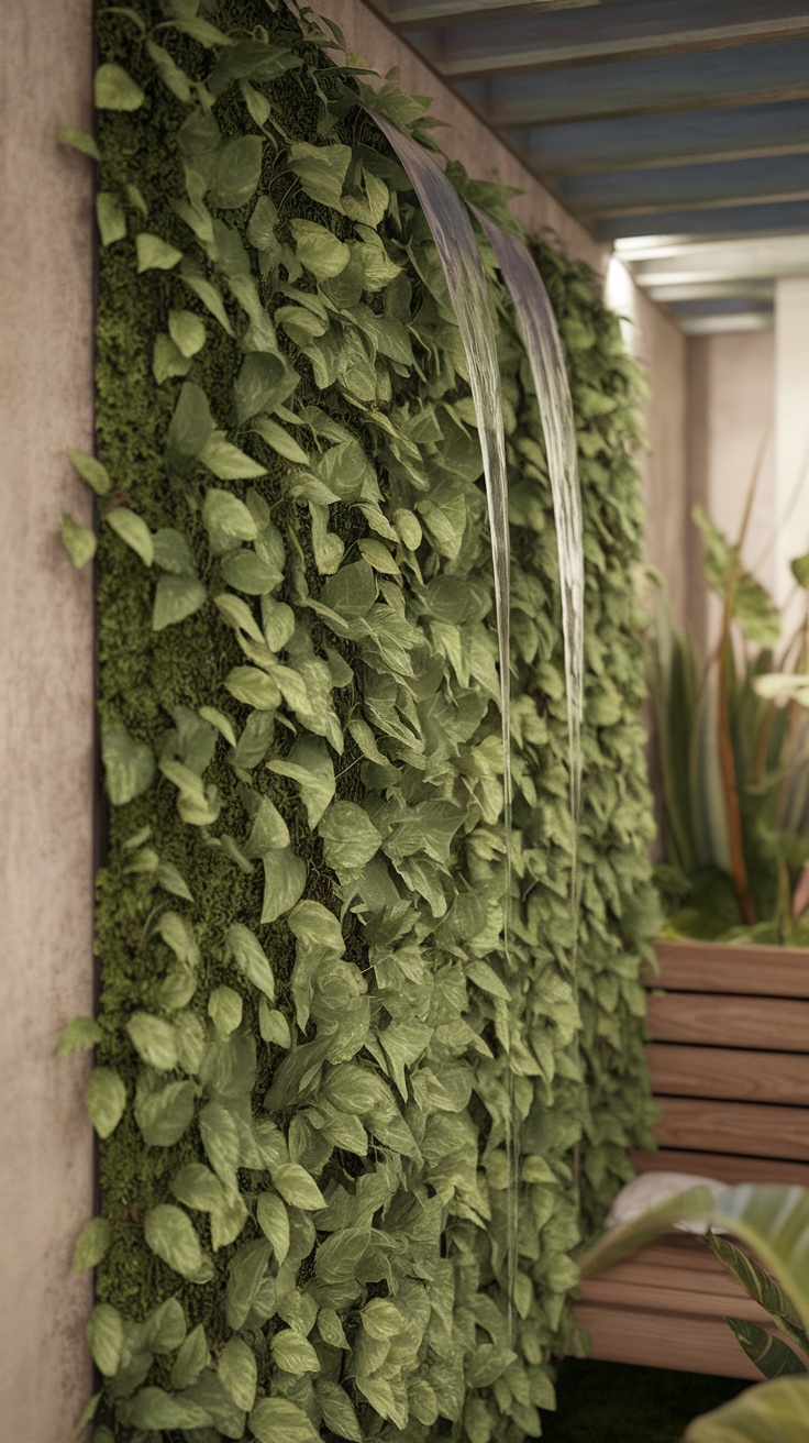 Cascading vertical green wall with water flowing and lush greenery.