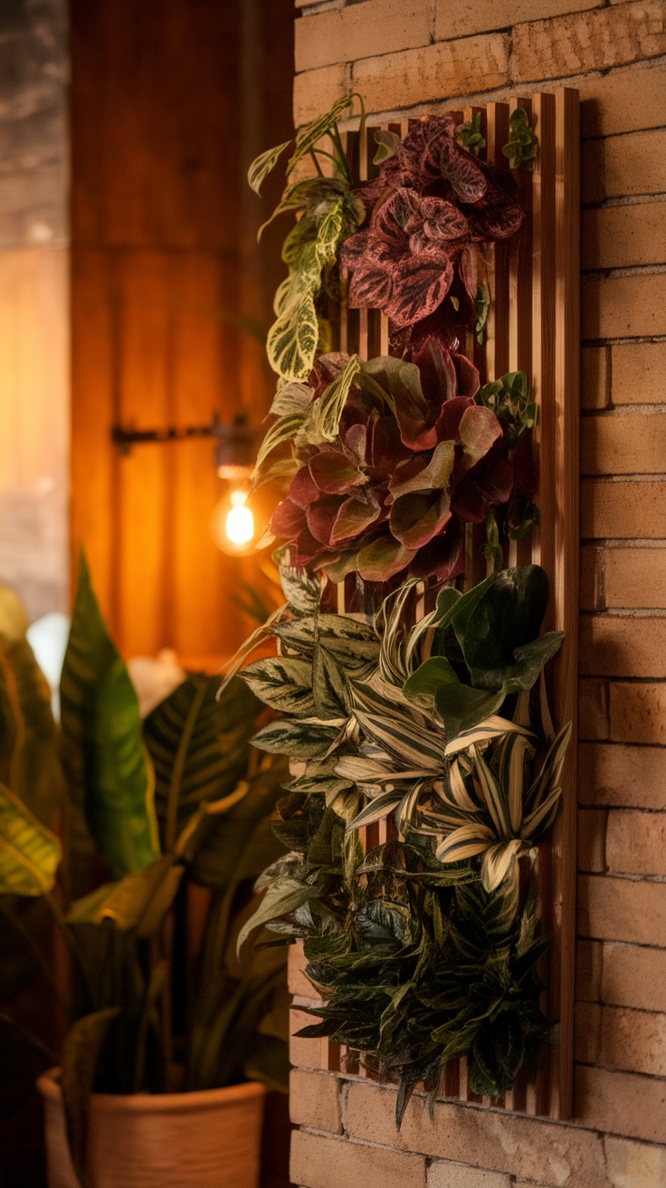 Artistic vertical plant installation with colorful leaves on a wooden frame