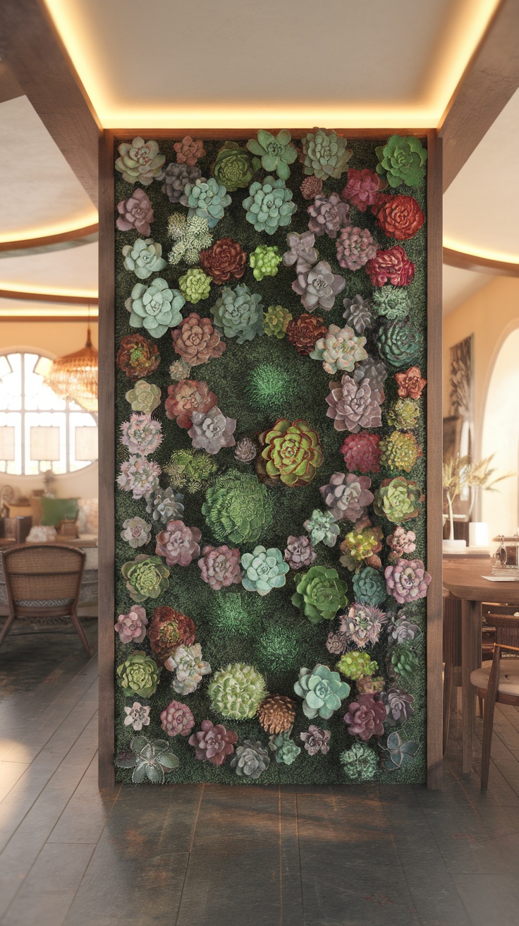 A vibrant vertical wall filled with various succulent plants in different colors and shapes.
