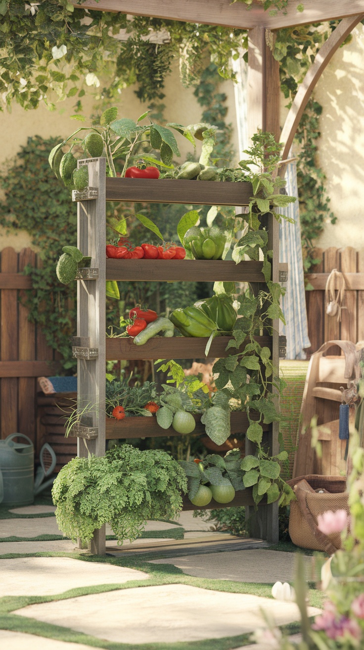 A vertical vegetable garden with various plants and vegetables arranged on wooden shelves.