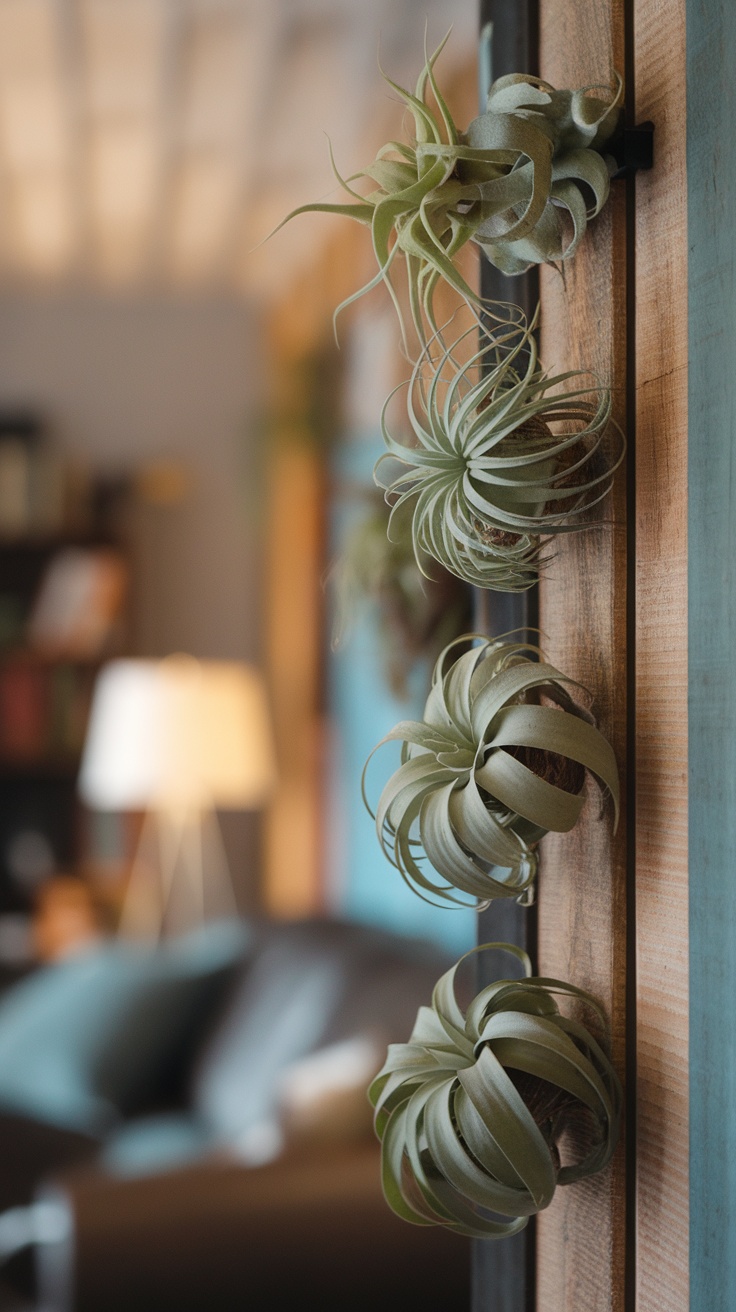 Vertical display of air plants on a wooden wall.
