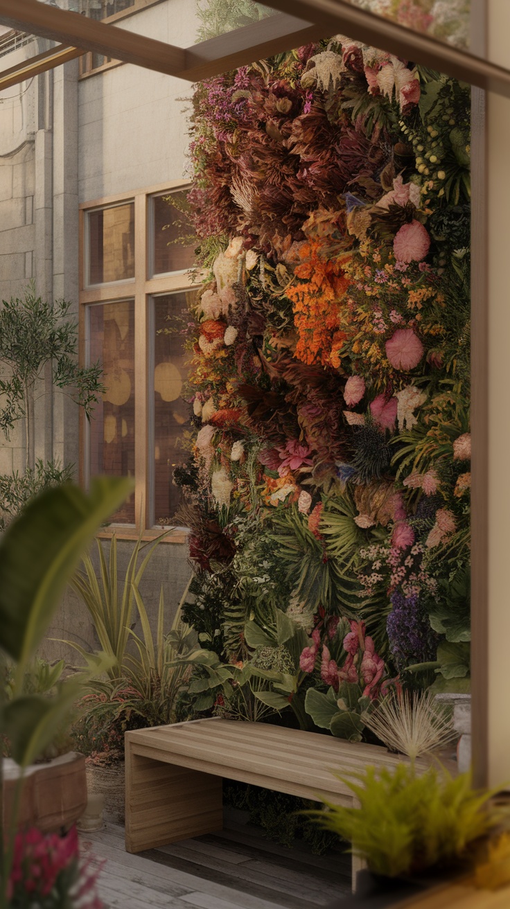 A vibrant vertical green wall filled with various colorful plants and flowers.