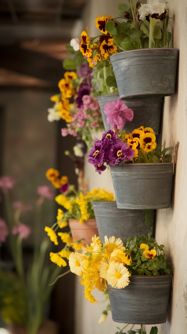 Vertical garden with pots of colorful edible flowers