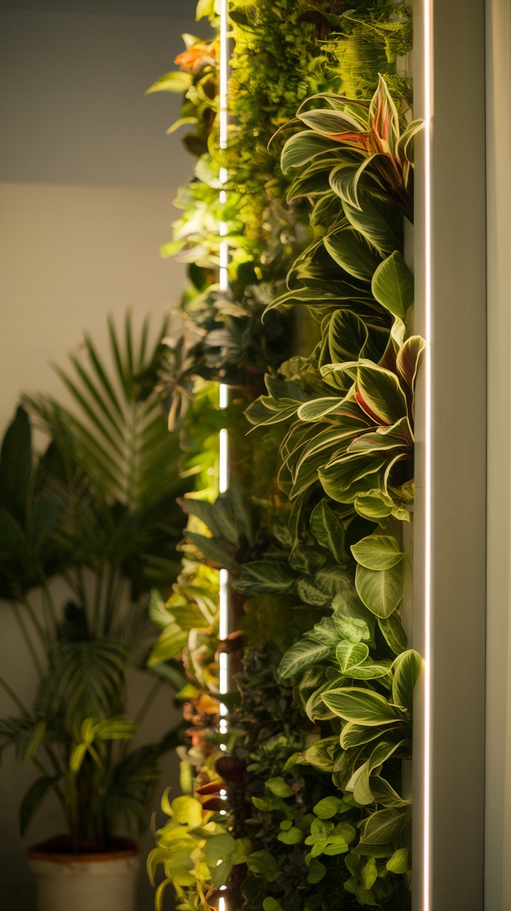 A vertical garden with lush green plants and LED lighting.
