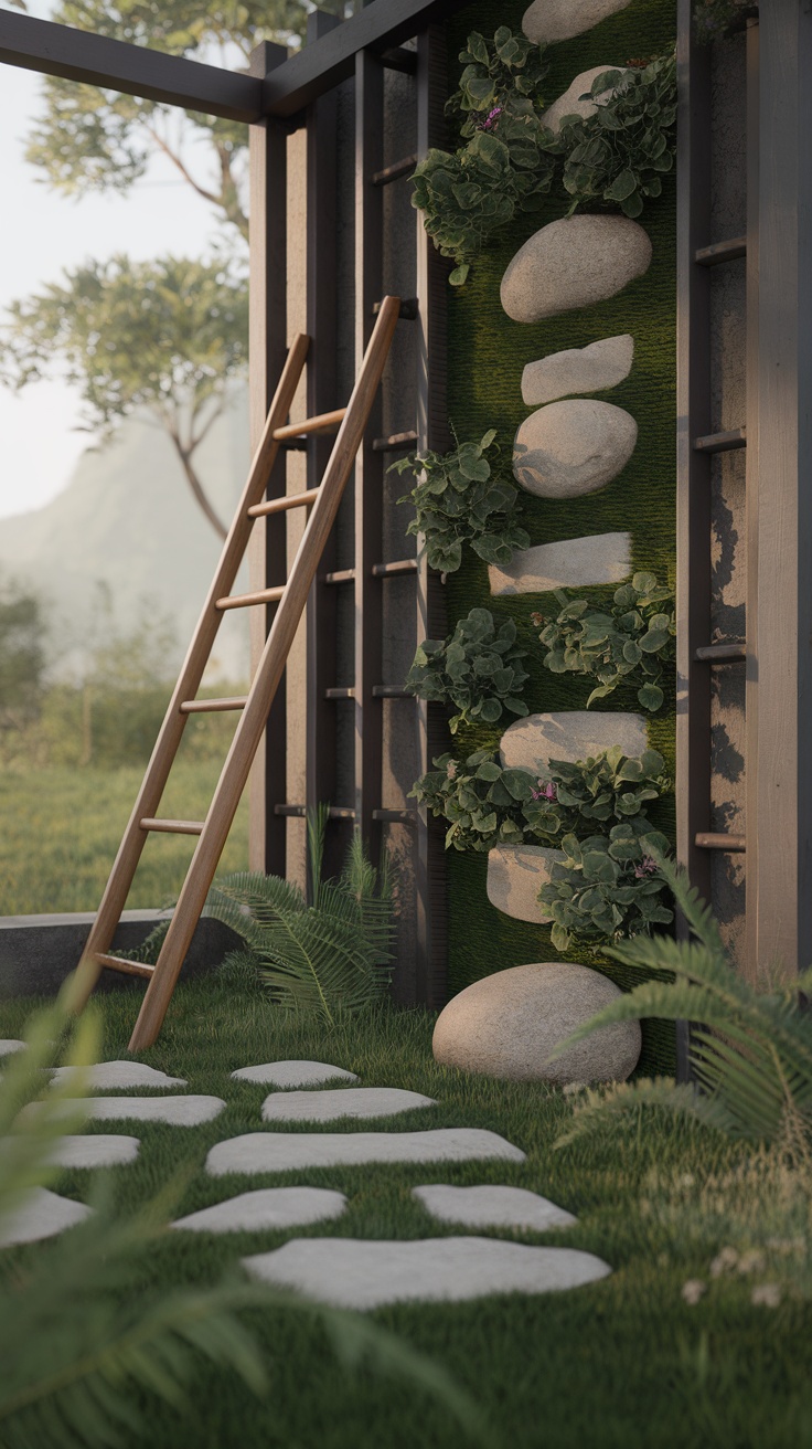 A serene Zen garden vertical wall with plants and stones