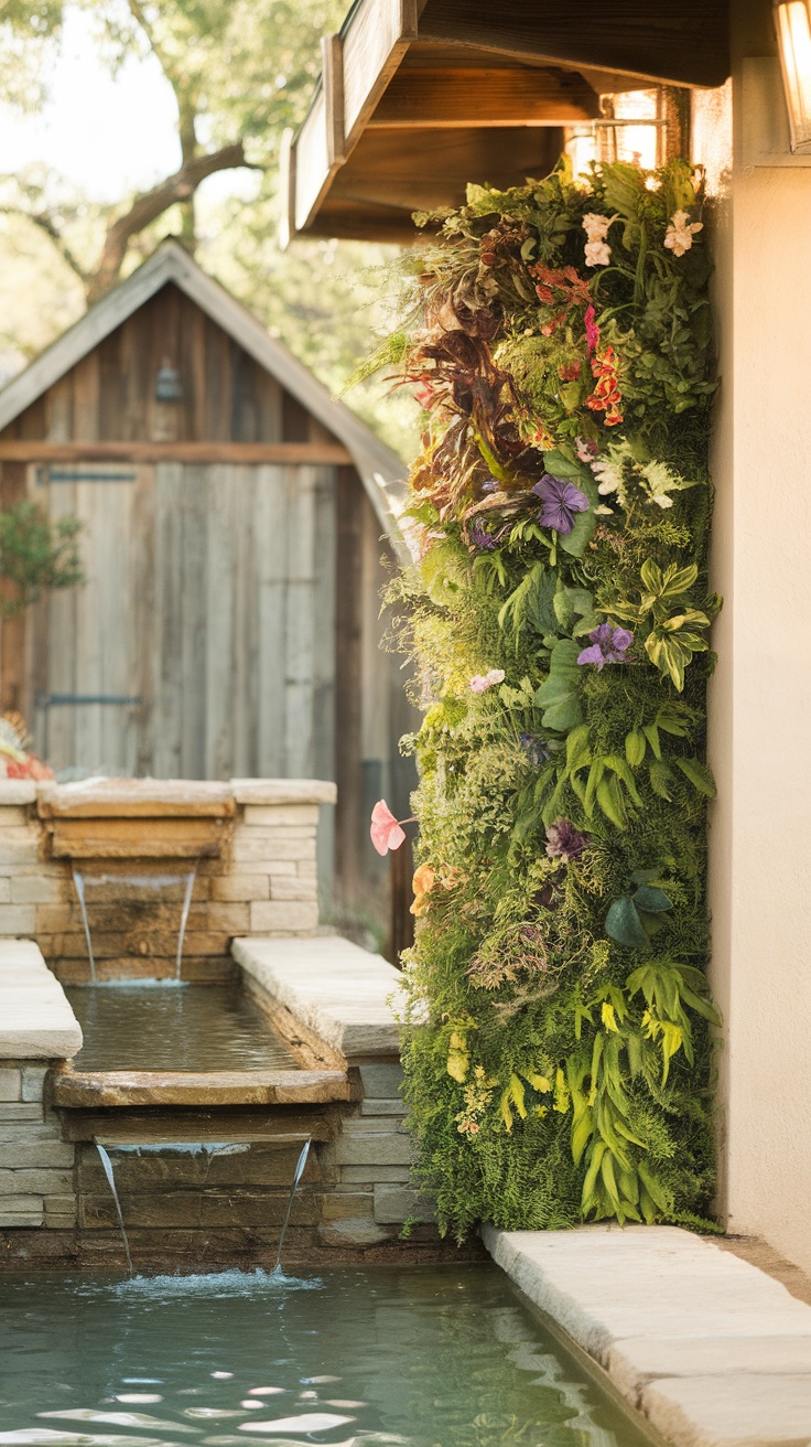 Vertical garden with various plants next to a water feature