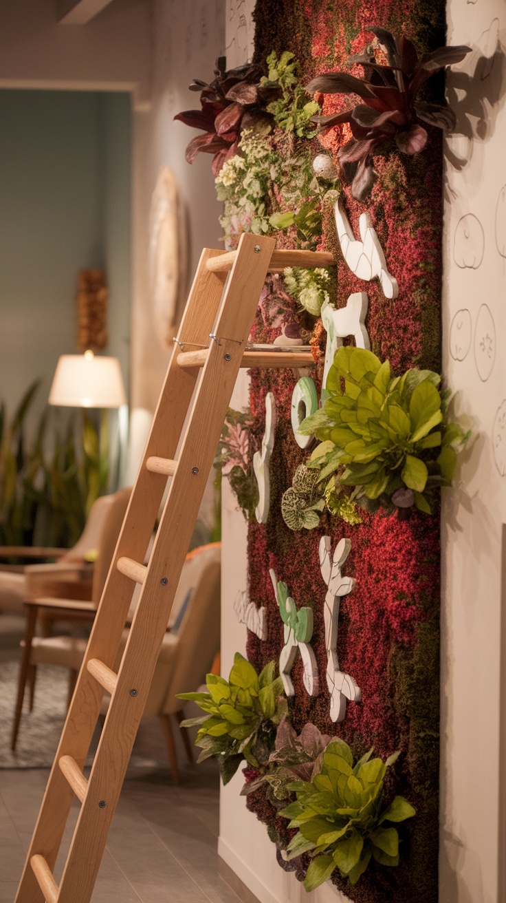 A vibrant vertical garden featuring various plants and playful designs, with a wooden ladder beside it.