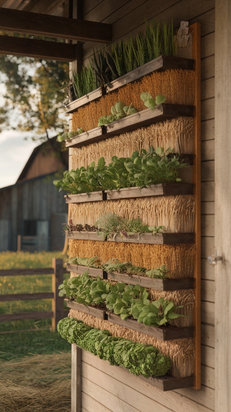 Vertical wall garden with various plants for livestock feed.