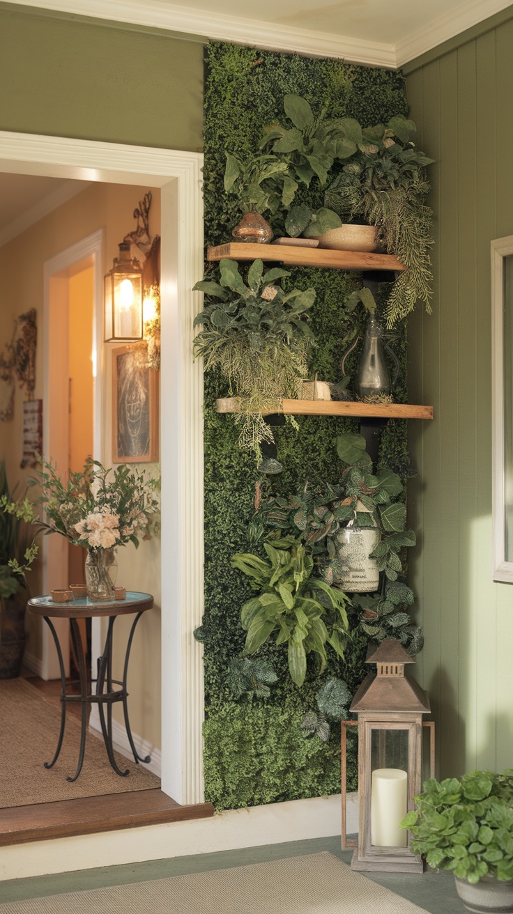 A living wall with plants and shelves in an entryway