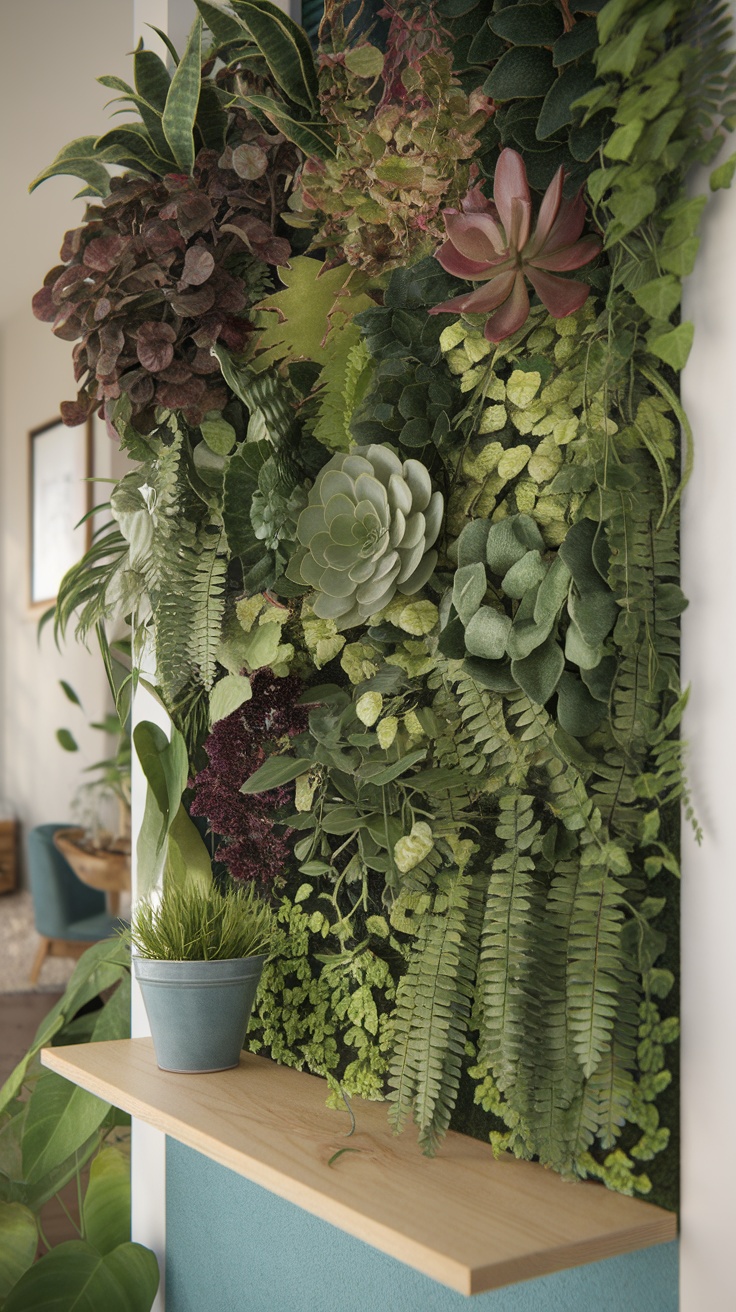 A vertical green wall featuring various lush plants and a small shelf with a pot.