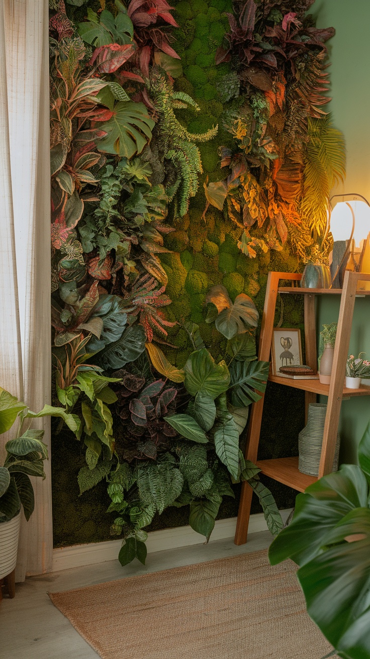 A vibrant green wall filled with various plants in an indoor setting.