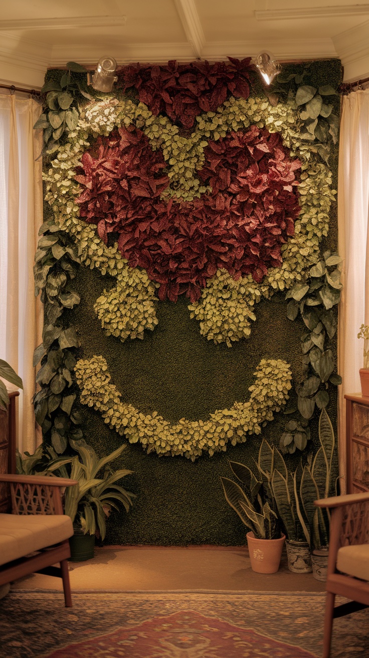 A vibrant vertical garden featuring a heart and smiley face design made of various green plants.