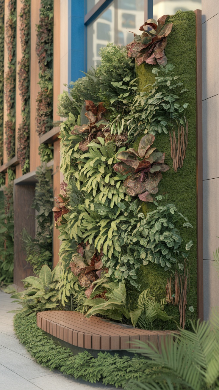 A vibrant green wall featuring various plants and a wooden bench.