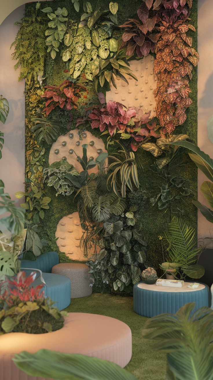 A vibrant interactive vertical garden featuring various plants and seating areas.
