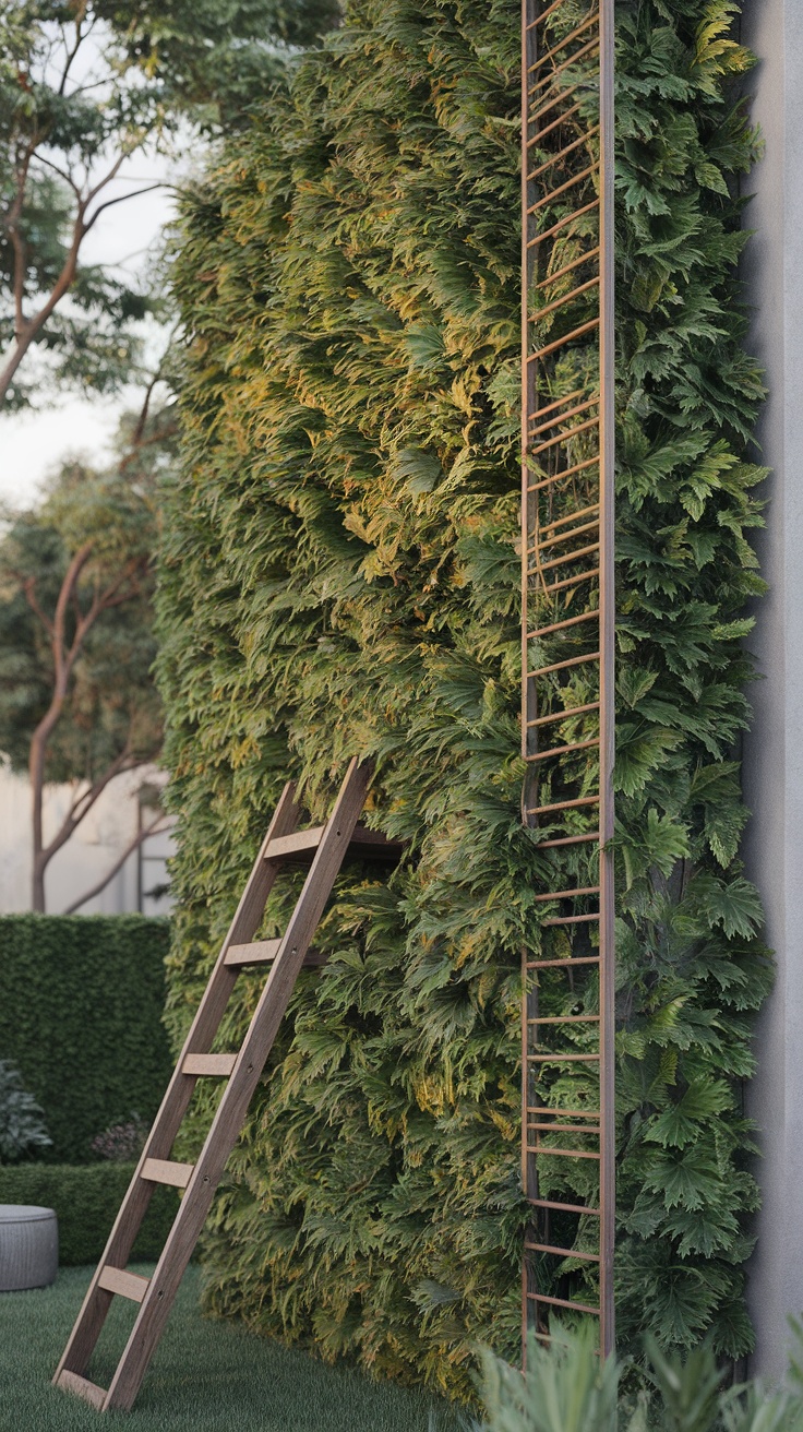 A vertical green wall with dense foliage and a wooden ladder beside it.