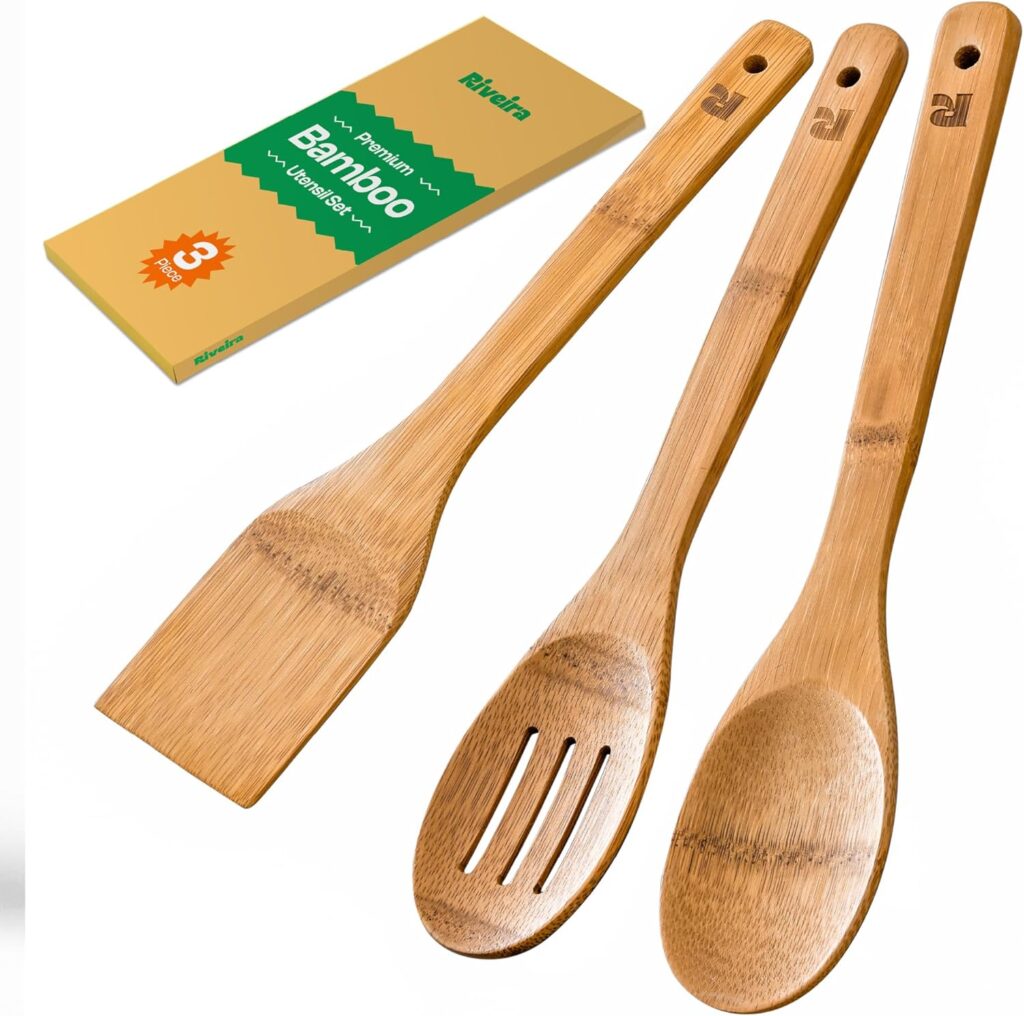 Riveira Dark Bamboo Wooden Spoons for Cooking 3-Piece, Apartment Essentials Wood Spatula Spoon Nonstick Kitchen Utensil Set Premium Quality Housewarming Gifts for Everyday Use