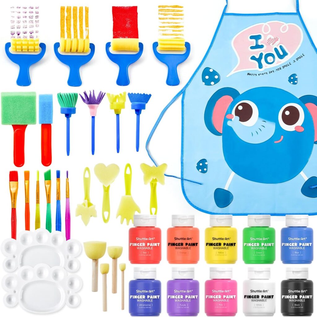 Shuttle Art Washable Finger Paint Set, 37 PCS with 10 Colors (2 fl oz) Non-Toxic Toddler Paint, Paint Brushes, Sponge, Smock, Toddler Art Supplies